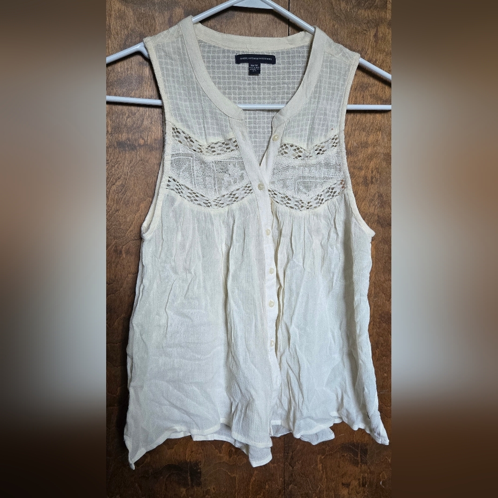 American Eagle Outfitters Cream Sleeveless Button Up Top
